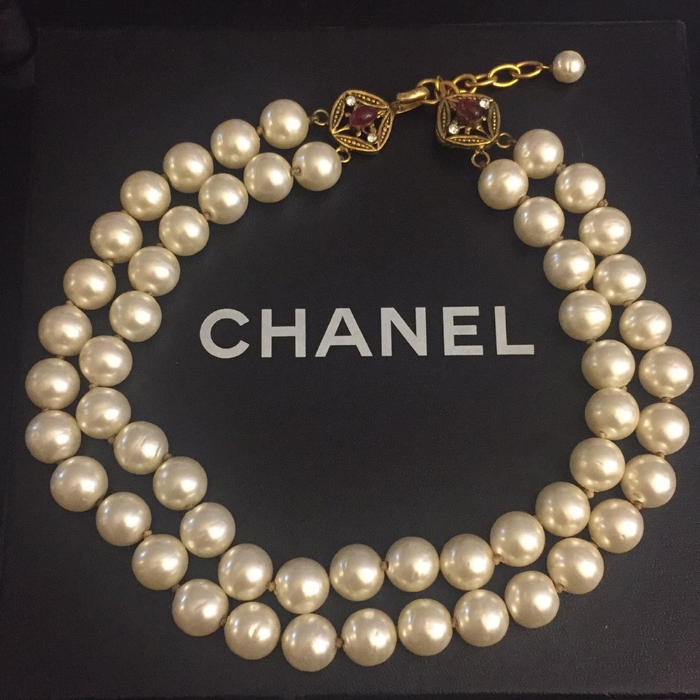 Chanel Two Strand Pearl Necklace w/ Gripoix Clasp